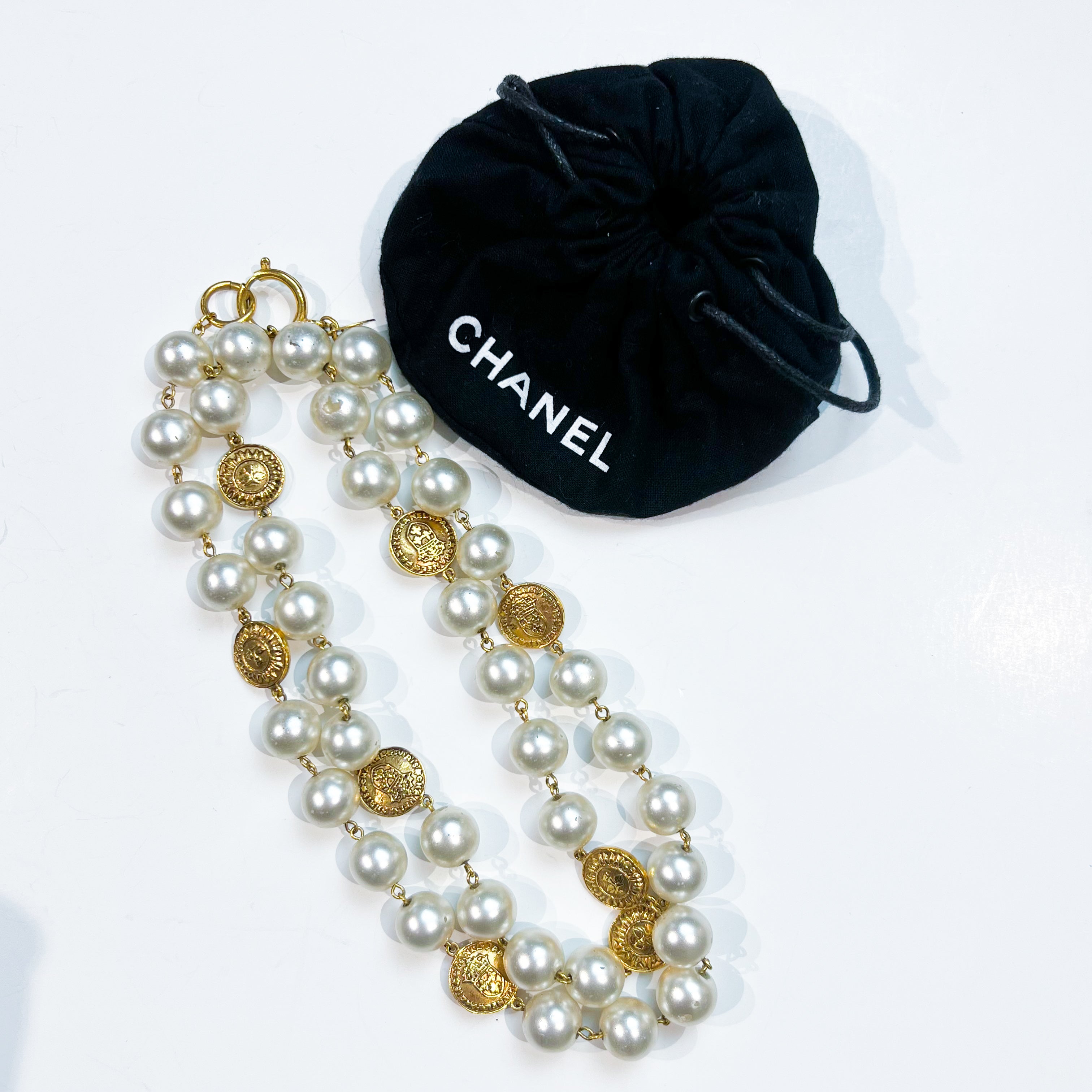 Chanel Faux Pearl & Coat of Arms Emblem Necklace