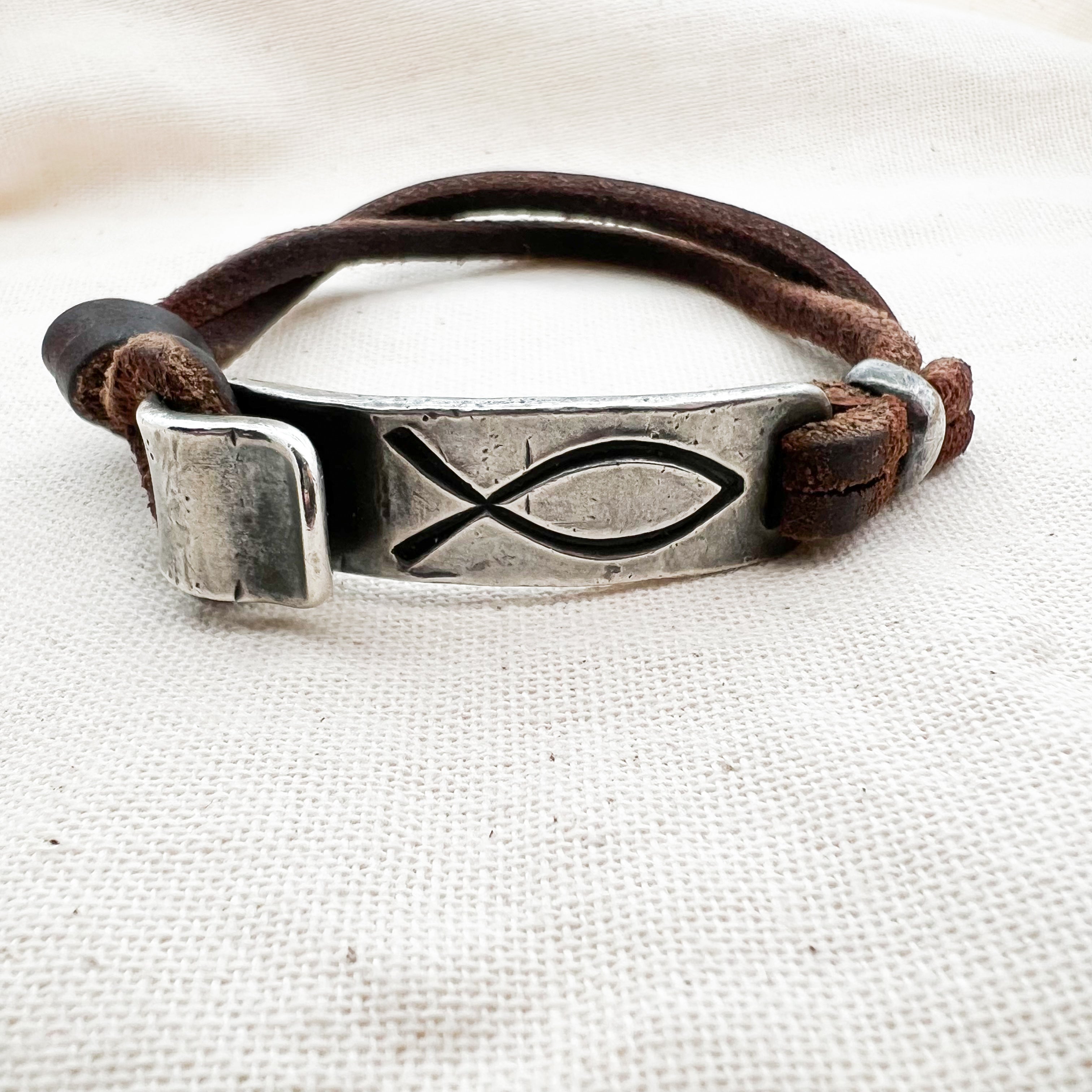 Retired James Avery Brown Leather Ichthus Bracelet