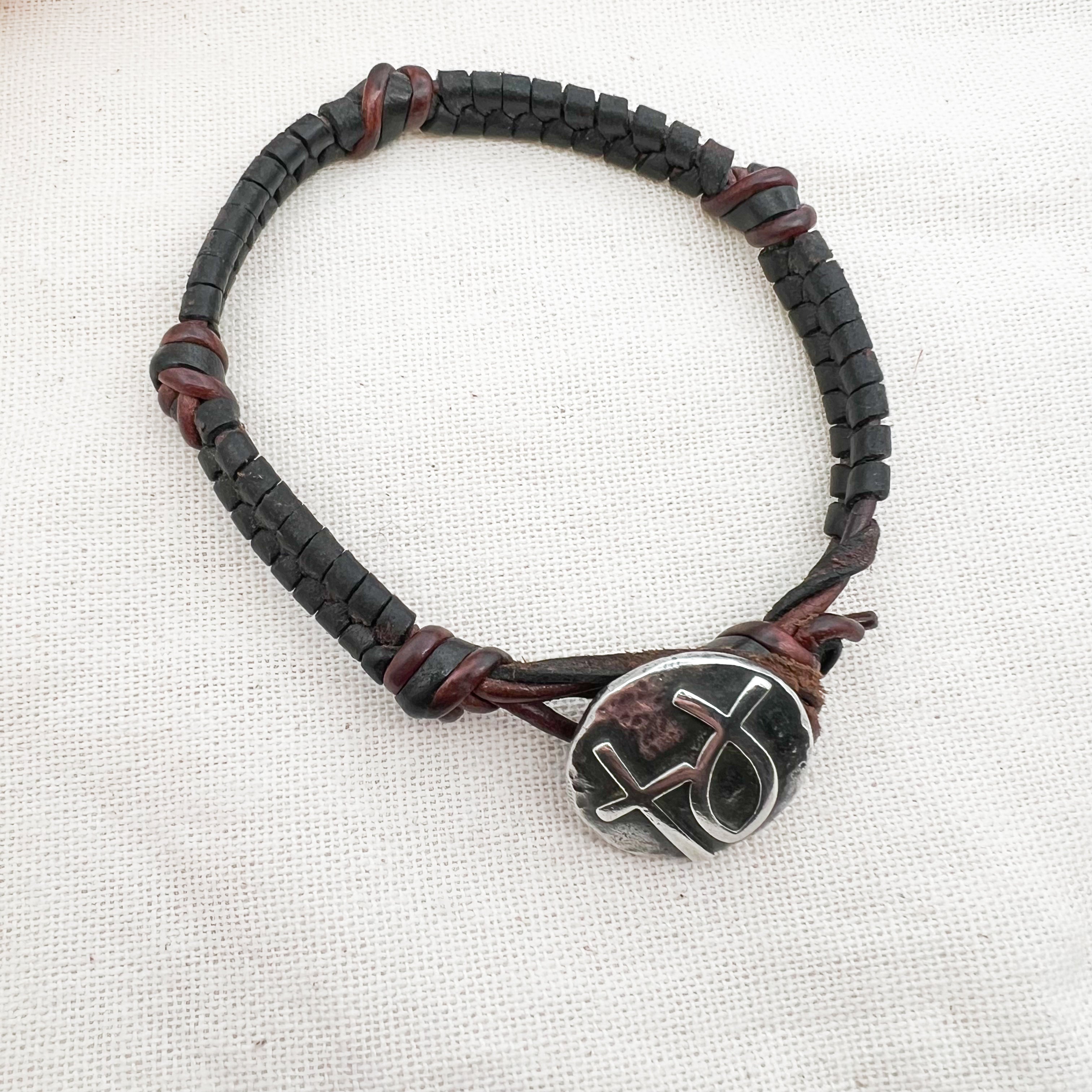 Retired James Avery Brown Braided Leather Ichthus Madallion Bracelet