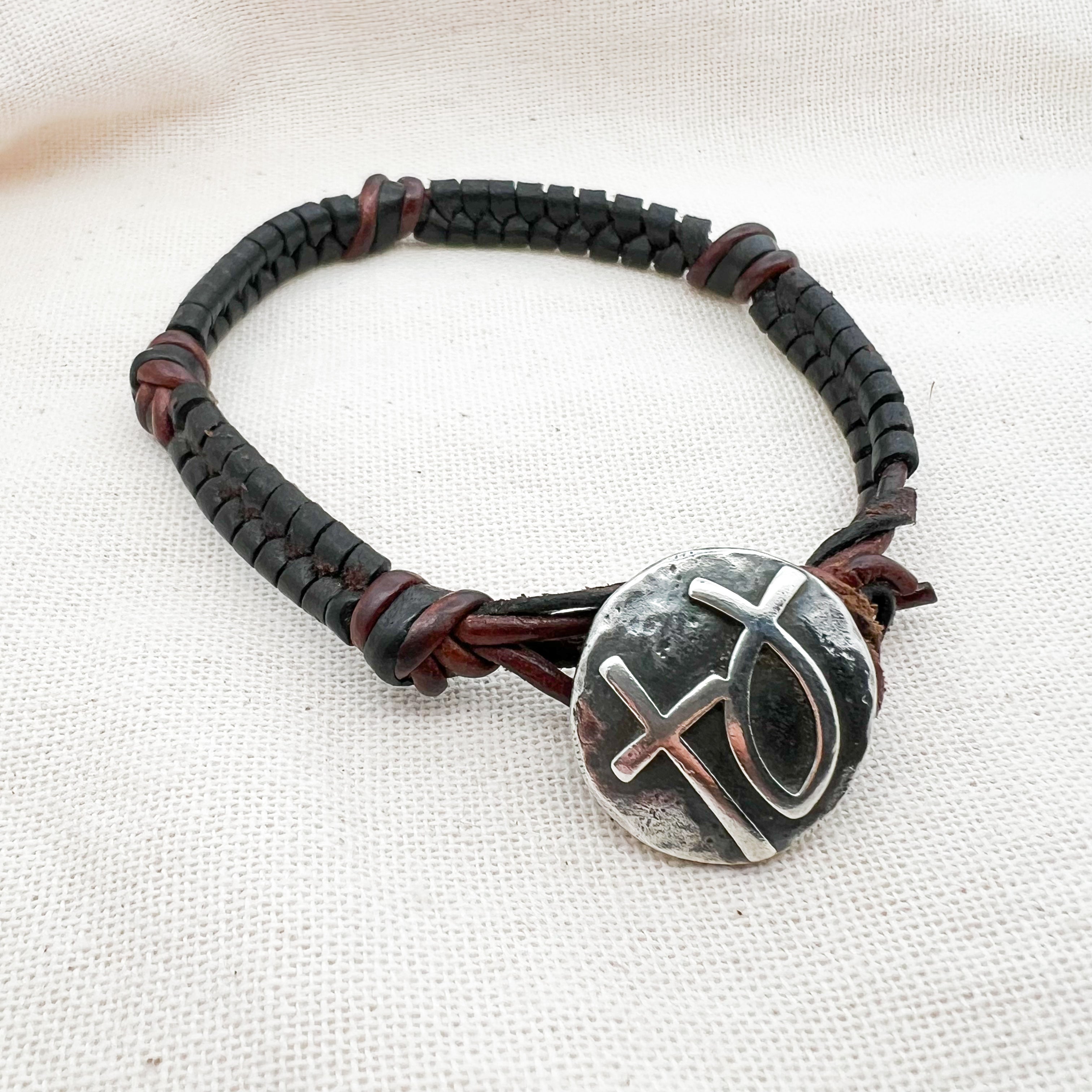 Retired James Avery Brown Braided Leather Ichthus Madallion Bracelet