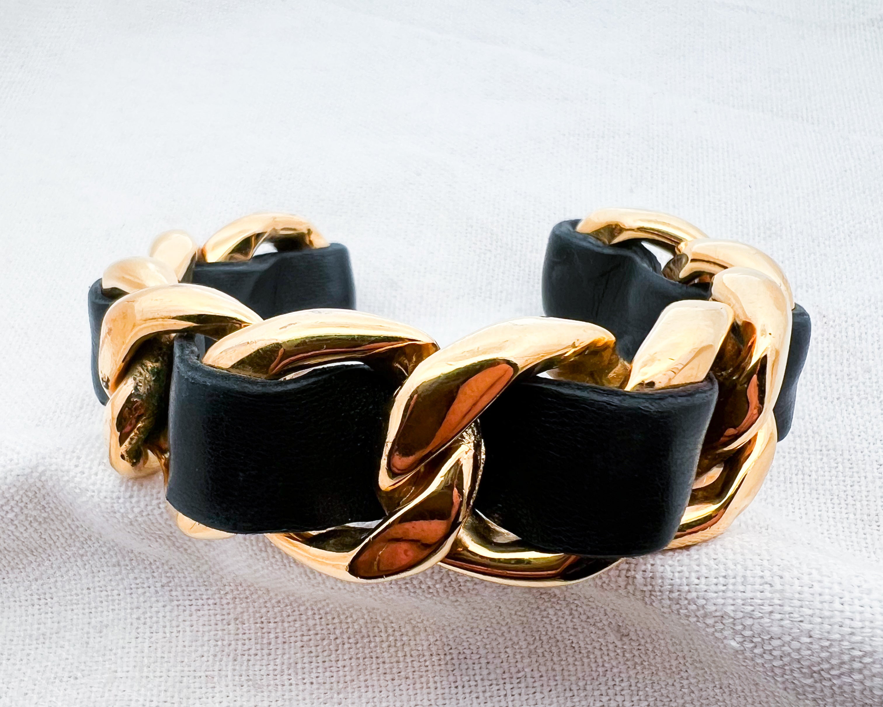 Chanel Black Leather Chain Cuff Bracelet