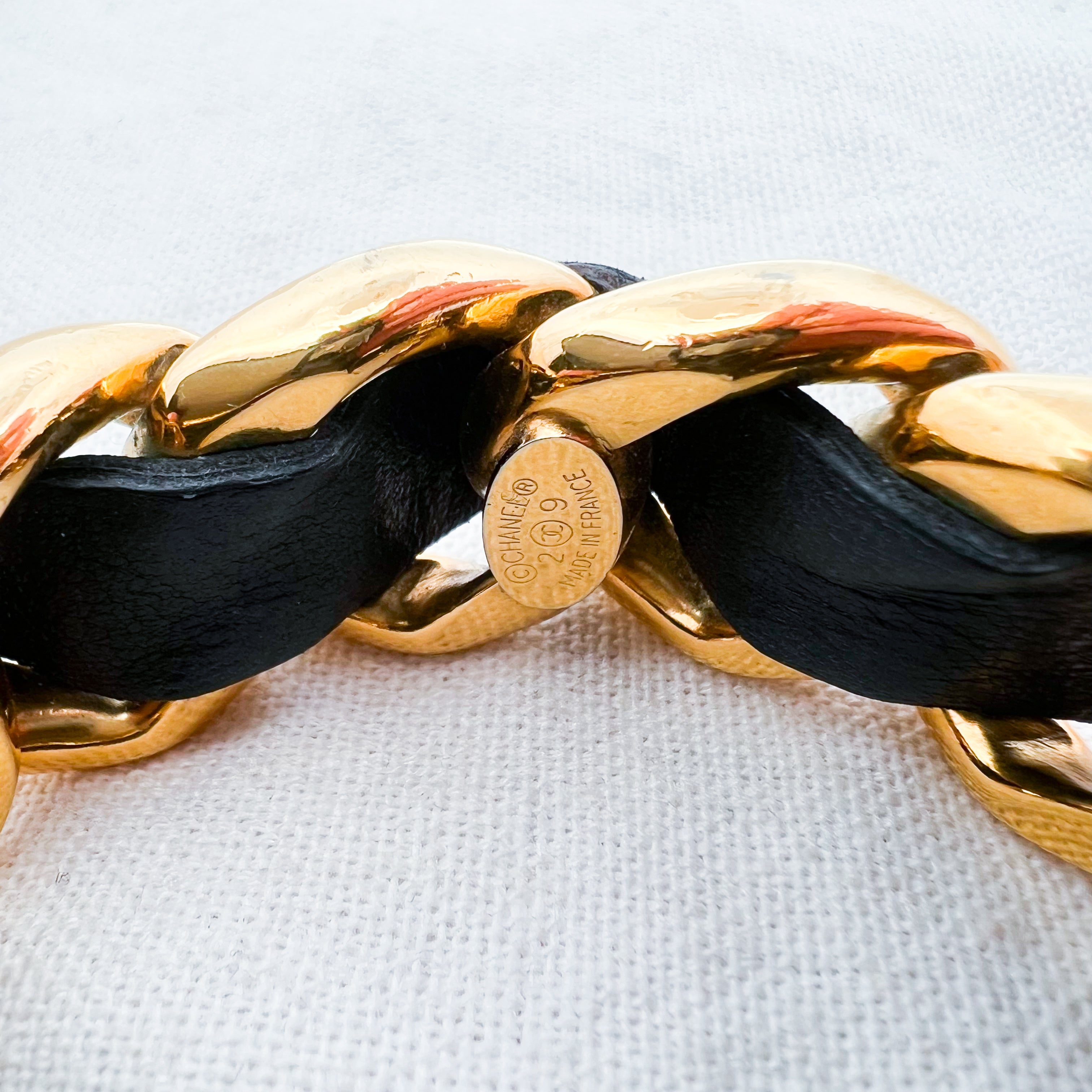 Chanel Black Leather Chain Cuff Bracelet