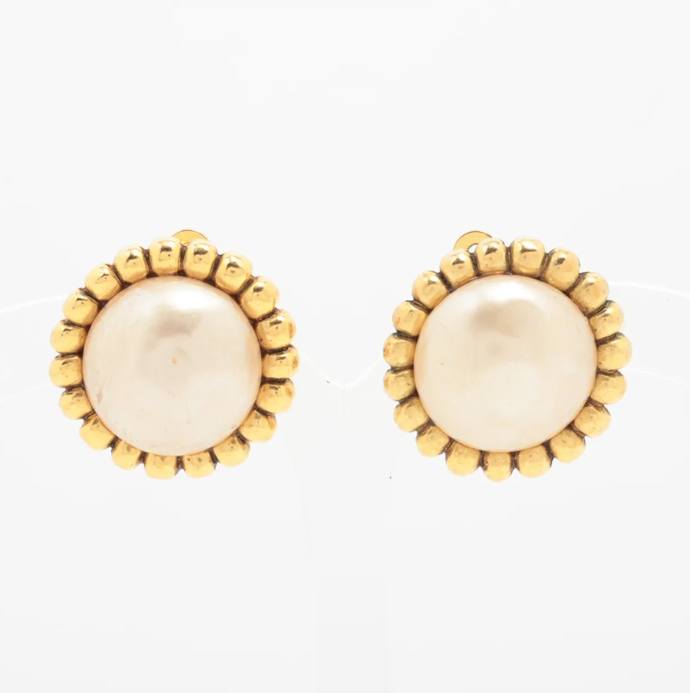Chanel Faux Pearl Ribbed Clip on Earrings