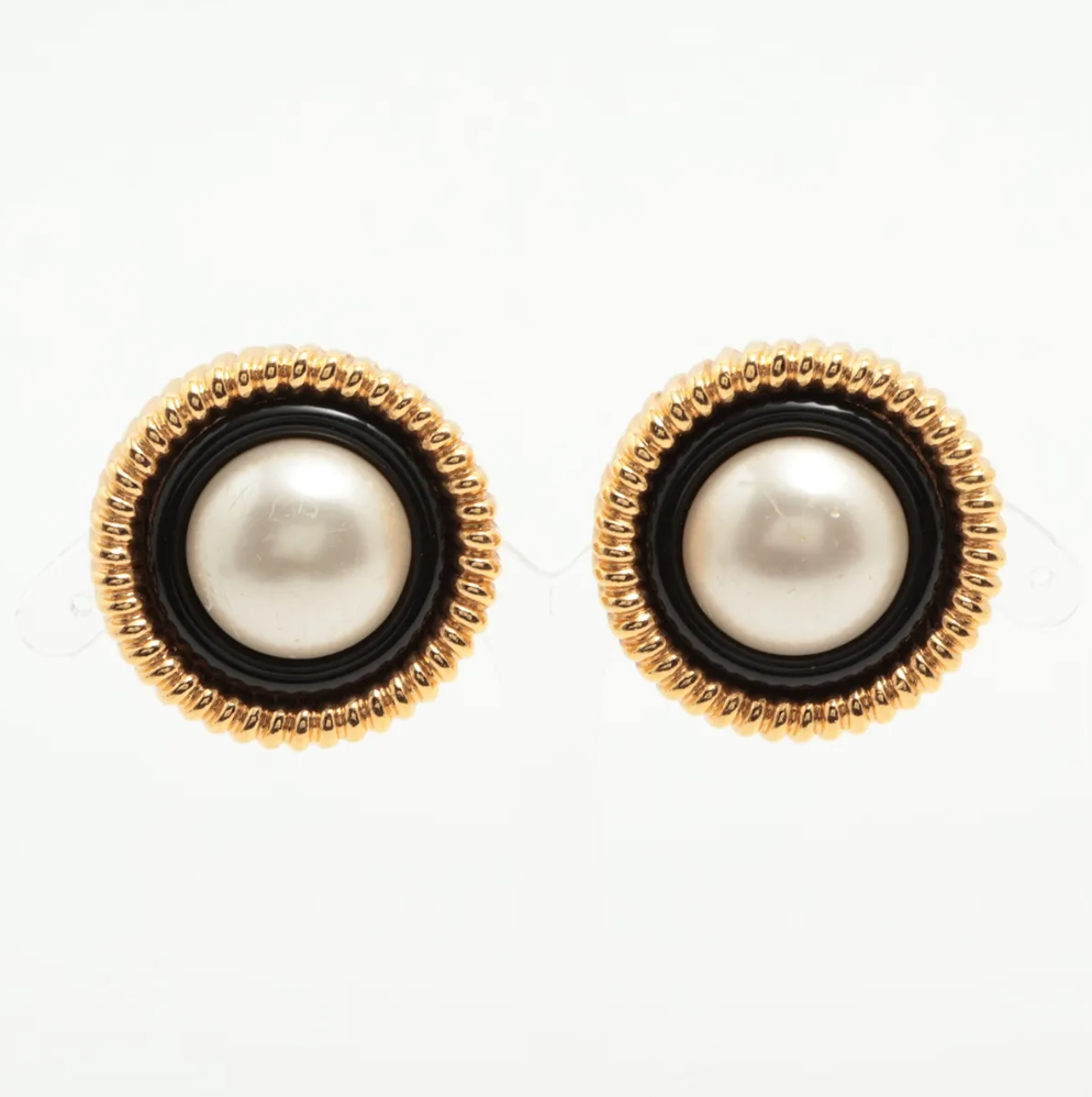 Chanel Faux Pearl Black Round Clip-on Earrings