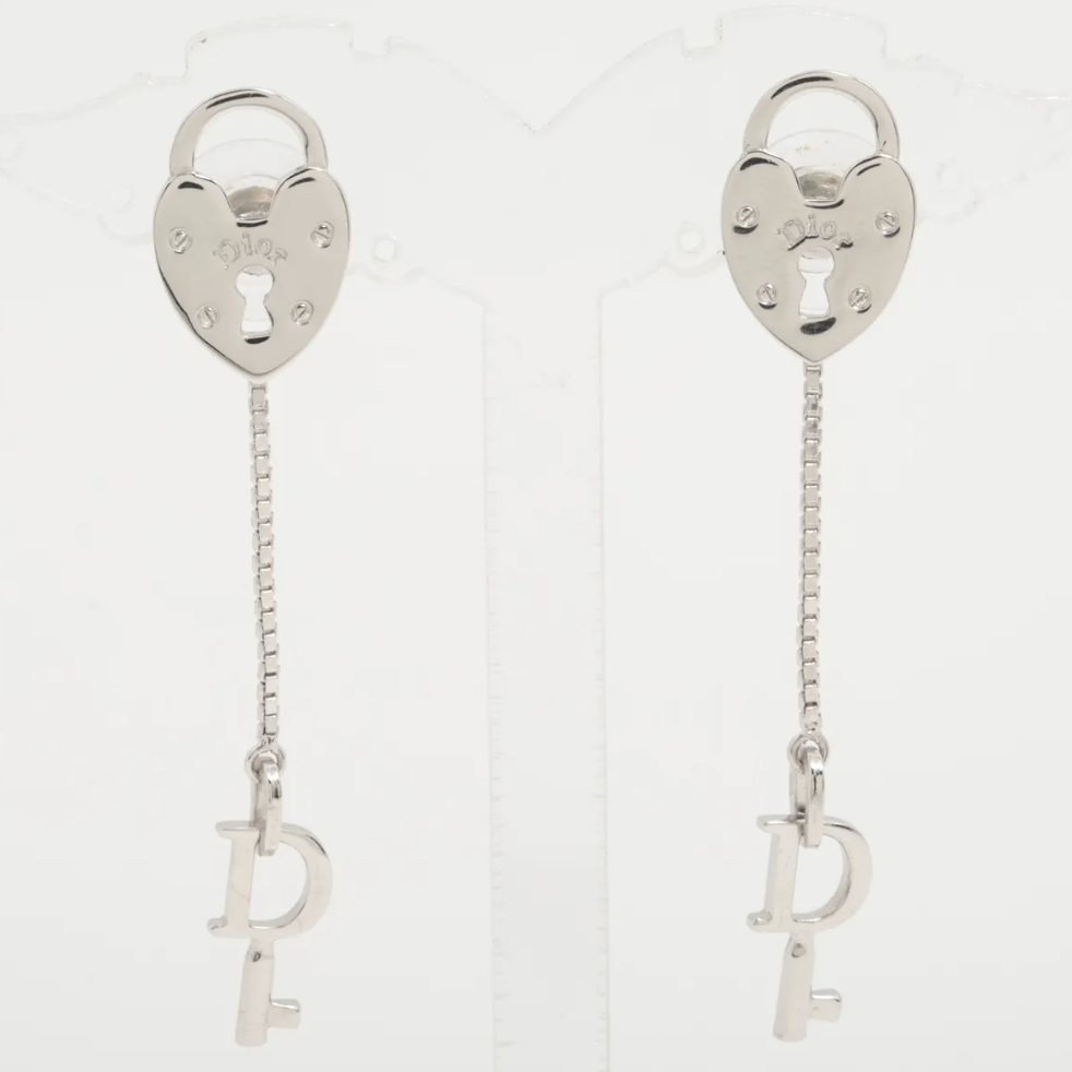 Christian Dior Lock & Key Silver Dangle Earrings