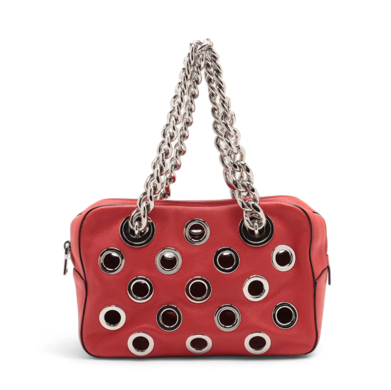 Prada Red Vitello Daino Grommet Bag