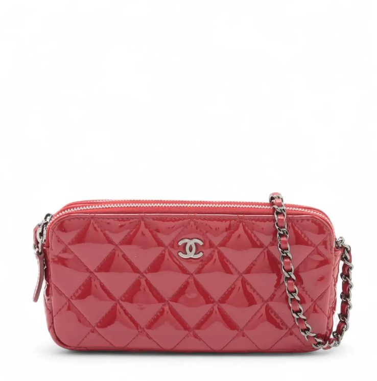 Chanel Red Matelasse Patent Leather Chain Wallet